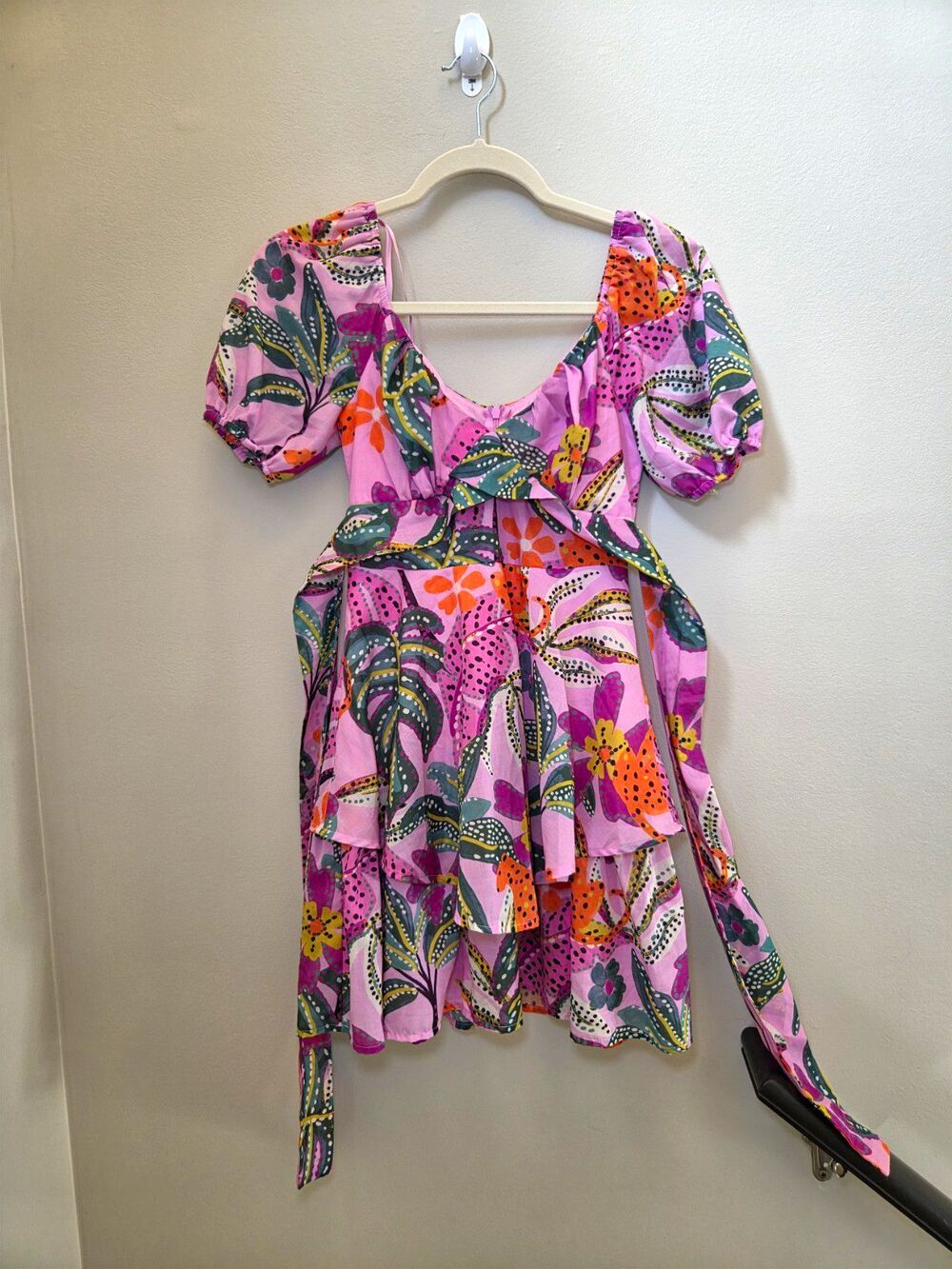Crystal Sky Pink Floral Puff Sleeve Ruffle Mini Dress XS Tropical Beach Party